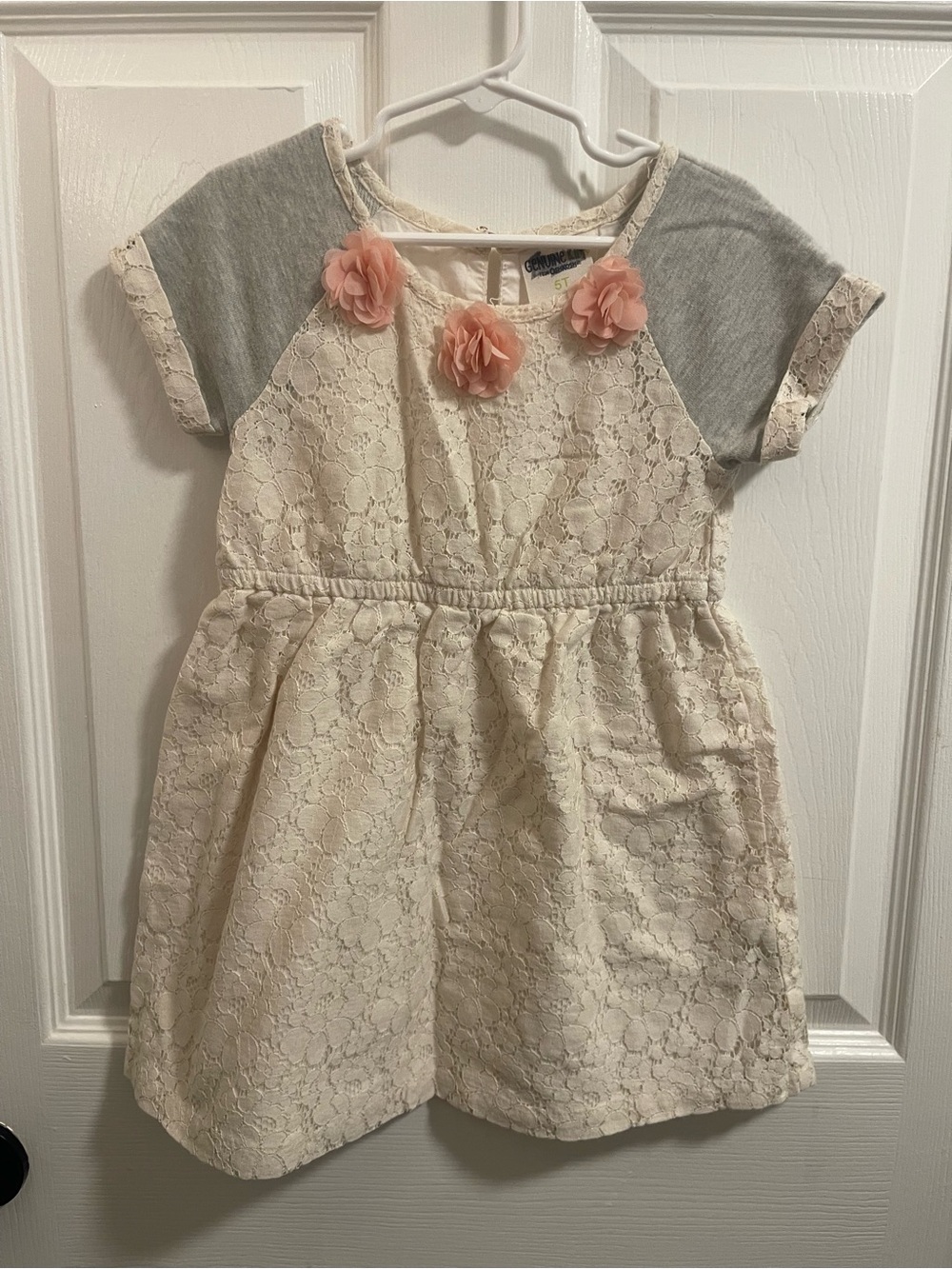 OshKosh B'gosh Cream Lace Dress with Gray Sleeves and Pink Flowers